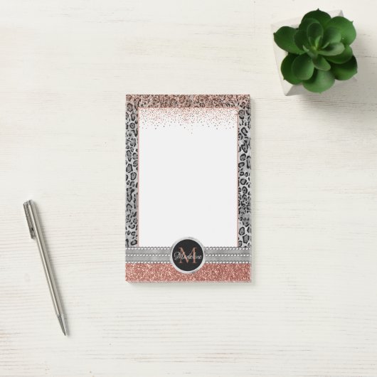 Stilvolle Girly Rose Gold Glitzer Leopard Monogram Post-it Klebezettel (Büro)
