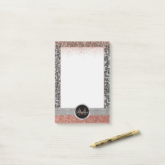 Stilvolle Girly Rose Gold Glitzer Leopard Monogram Post-it Klebezettel (Auf Schreibtisch)