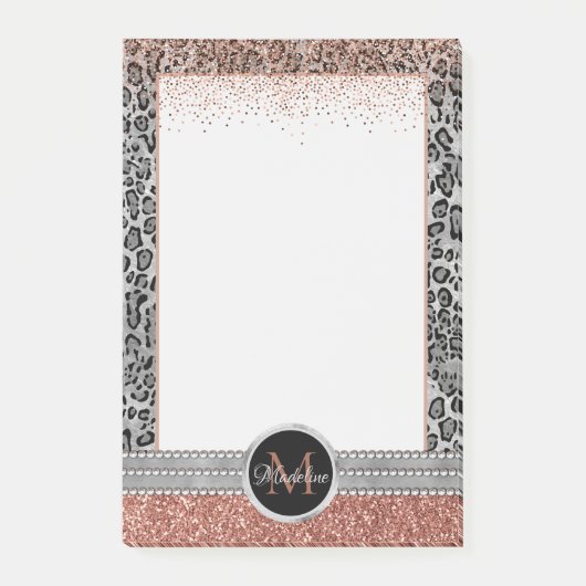 Stilvolle Girly Rose Gold Glitzer Leopard Monogram Post-it Klebezettel (Vorderseite)