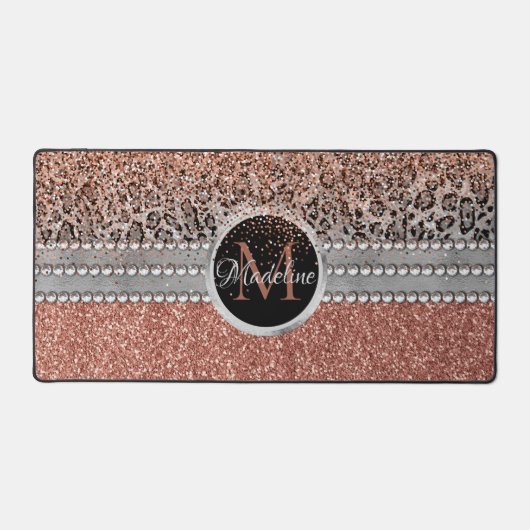 Stilvolle Girly Rose Gold Glitzer Leopard Monogram Schreibtischunterlage (Vorderseite)