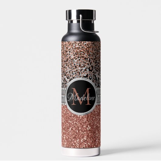 Stilvolle Girly Rose Gold Glitzer Leopard Monogram Trinkflasche (Links)