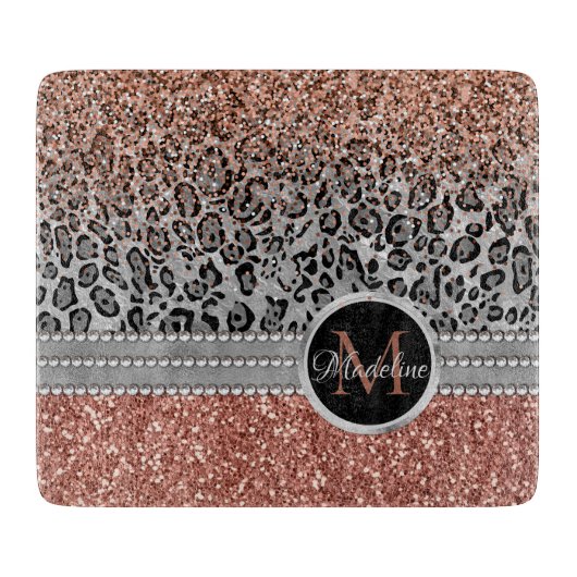 Stilvolle Girly Rose Gold Glitzer Leopard Name Schneidebrett (Vorderseite)