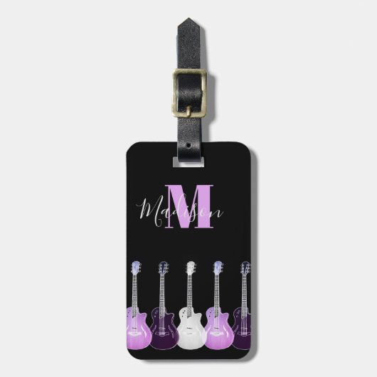 Stilvolle Gitarrenrosa und Schwarze Monogramm Gepäckanhänger (Vorderseite vertikal)