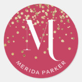 Stilvolle Glam Red Gold Glitzer Initial Monogram Runder Aufkleber (Vorderseite)