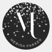 Stilvolle Glam Silver Glitzer Name Black Monogram Runder Aufkleber (Vorderseite)