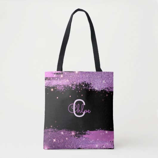 Stilvolle Glittery Magenta und schwarzer Name & Mo Tasche (Vorderseite)