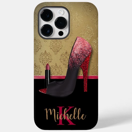 Stilvolle Glitzer-Ferse, Lipstick und Monogramm Case-Mate iPhone Hülle (Rückseite)