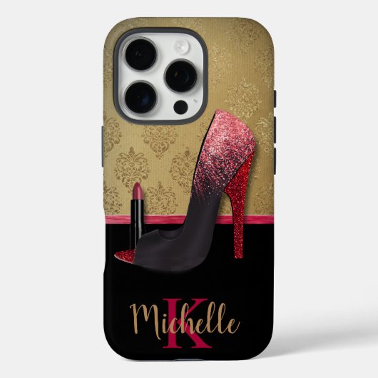 Stilvolle Glitzer-Ferse, Lipstick und Monogramm Case-Mate iPhone Hülle (Rückseite)