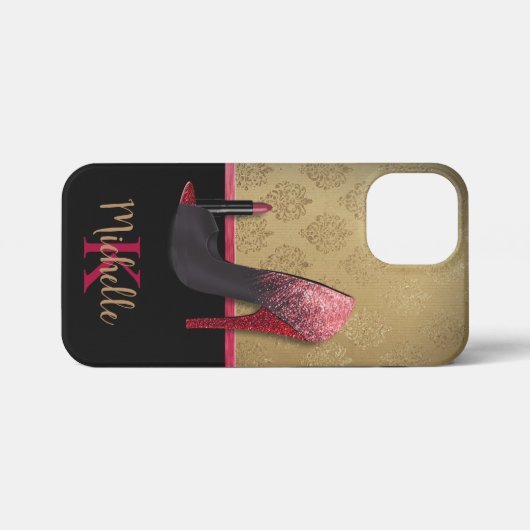 Stilvolle Glitzer-Ferse, Lipstick und Monogramm iPhone Hülle (Rückseite (Horizontal))