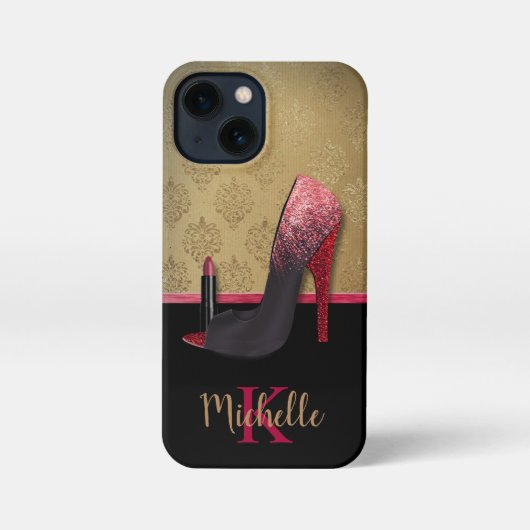 Stilvolle Glitzer-Ferse, Lipstick und Monogramm iPhone Hülle (Rückseite)