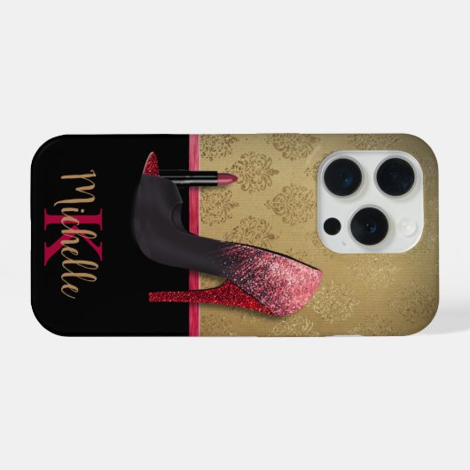 Stilvolle Glitzer-Ferse, Lipstick und Monogramm iPhone Hülle (Rückseite (Horizontal))