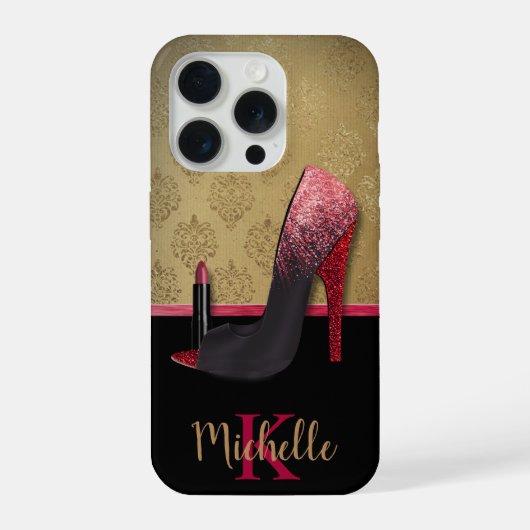 Stilvolle Glitzer-Ferse, Lipstick und Monogramm iPhone Hülle (Rückseite)