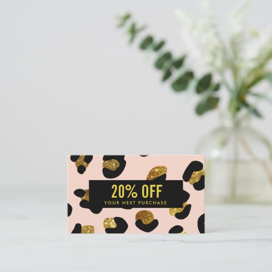 Stilvolle Glitzer Gold Blush Leopard Coupon Card Visitenkarte (Stehend Vorderseite)