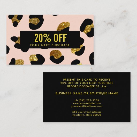 Stilvolle Glitzer Gold Blush Leopard Coupon Card Visitenkarte (Vorne/Hinten)