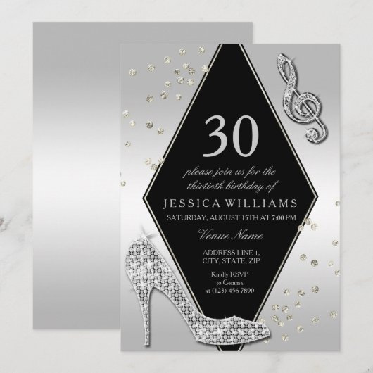 Stilvolle Glitzy Silver 30. Geburtstag Einladung (Vorne/Hinten)