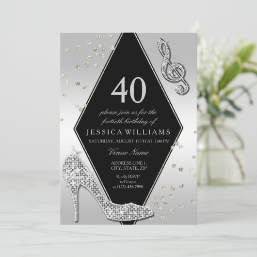 Stilvolle Glitzy Silver 40. Geburtstag Einladung (Stehend Vorderseite)