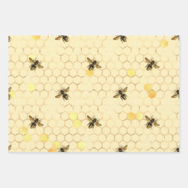 Stilvolle Gold Bees Honeycomb Honey Stripes Geschenkpapier Set