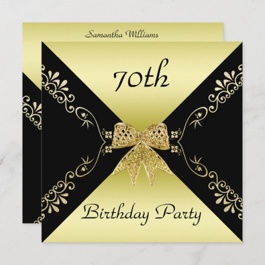 Stilvolle Gold & Black Decorative Bow 70. Geburtst Einladung (Vorne/Hinten)