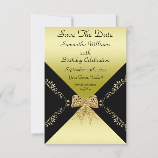 Stilvolle Gold & Black Decorative Bow Save the Dat Date (Rückseite)