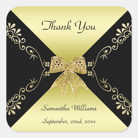 Stilvolle Gold & Black Decorative Bow Vielen Dank Quadratischer Aufkleber (Vorderseite)
