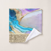 Stilvolle Gold, Blau, violetter Marmor Badhandtuch Set (Waschlappen)