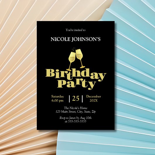 Stilvolle Gold Champagne Black Birthday Party Einladung