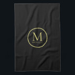 Stilvolle Gold Color Monogram Name Template Schwar Geschirrtuch<br><div class="desc">Benutzerdefiniertes Hochladen Fügen Sie Ihren Foto oder Logo Text Elegant Moderne Küche & Essen / Tisch & Küche Linens/ Erstname Personalisierte Vorlage Schwarz Gold Monogram Küchentücher.</div>