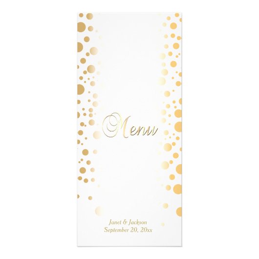 Stilvolle Gold Confetti Dots | Hochzeitsmenü Werbekarte (Vorne)