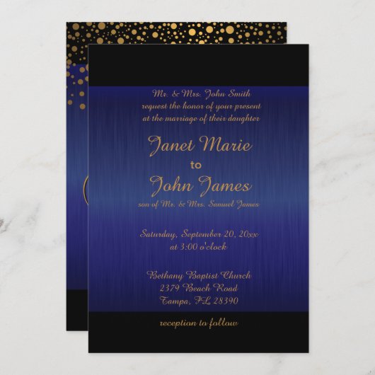 Stilvolle Gold Confetti Dots | Sapphire Blue Black Einladung (Vorne/Hinten)