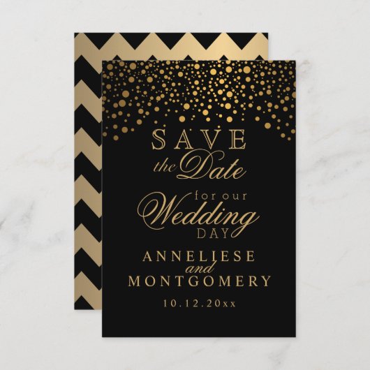 Stilvolle Gold Confetti Dots | Schwarz Save The Date (Vorne/Hinten)