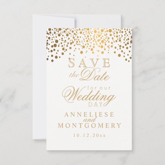 Stilvolle Gold Confetti Dots | weiß Save The Date (Vorderseite)