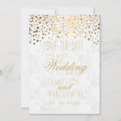 Stilvolle Gold Confetti Dots | Weiße Textur Save The Date (Vorderseite)