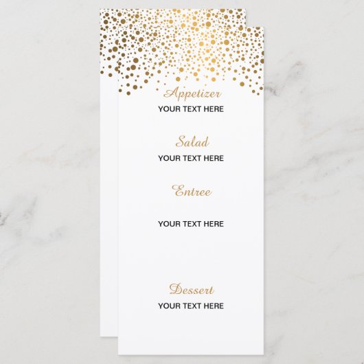 Stilvolle Gold Confetti Dots | Weißer Hintergrund Menükarte (Vorne/Hinten)