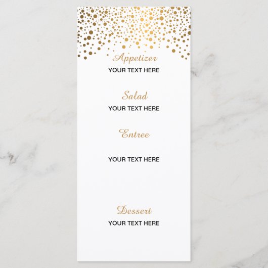 Stilvolle Gold Confetti Dots | Weißer Hintergrund Menükarte (Vorderseite)