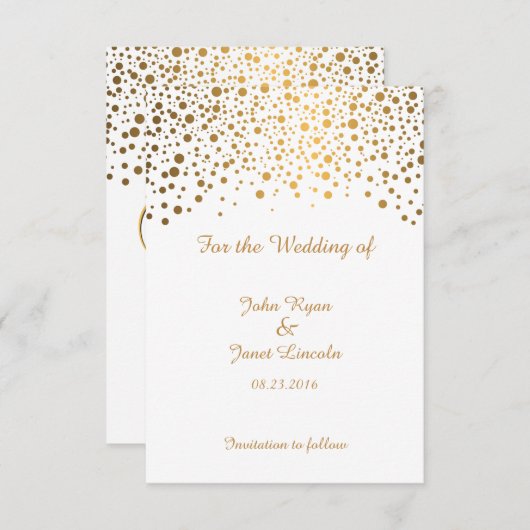Stilvolle Gold Confetti Dots | Weißer Hintergrund Save The Date (Vorne/Hinten)