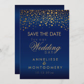 Stilvolle Gold Confetti Punkte auf Navy Blue Satin Save The Date (Vorne/Hinten)