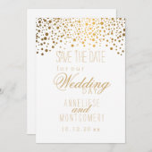 Stilvolle Gold Confetti Punkte auf Weiß Save The Date (Vorne/Hinten)