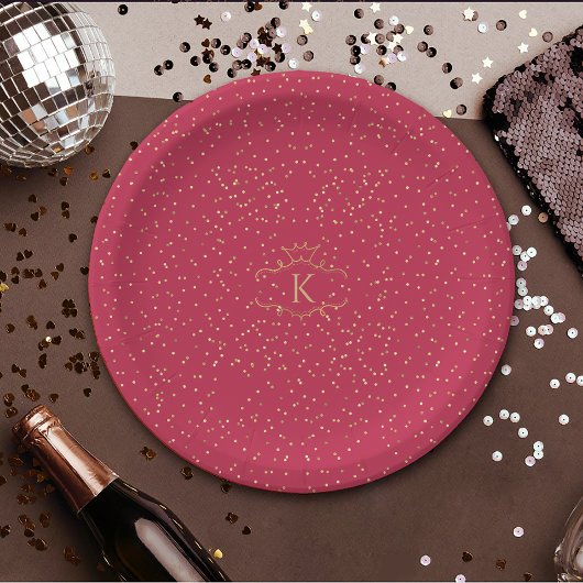 Stilvolle Gold Dots auf Magenta Red Royal Monogram Pappteller