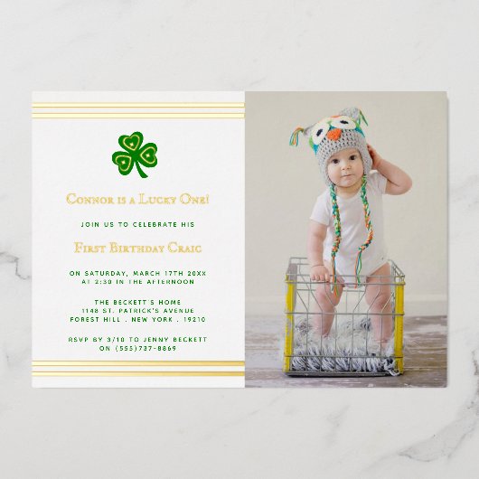 Stilvolle Gold Foil St. Patrick's Day 1. Geburtsta Folieneinladung (Vorderseite)