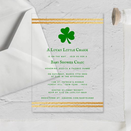 Stilvolle Gold Foil St. Patrick's Day Baby Shower Acryleinladungen