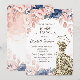 Stilvolle Gold Glitzer Dress Blue Blumen Einladung
