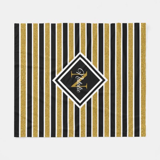 Stilvolle Gold Glitzer Schwarz-weiß Stripes Monogr Fleecedecke (Vorderseite (Horizontal))