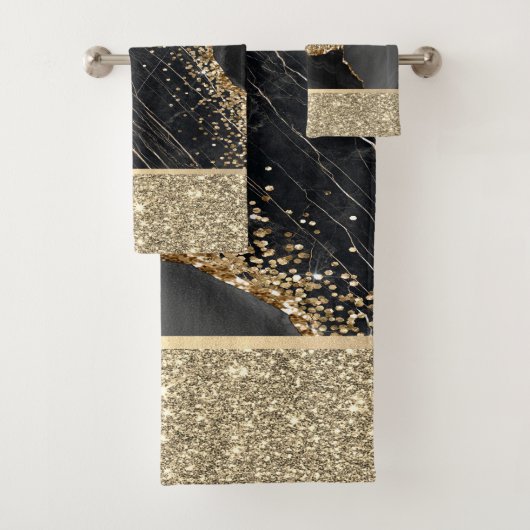 Stilvolle Gold Glitzer Sequins Black Marble Badhandtuch Set (Insitu)