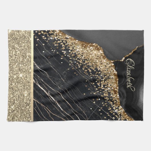 Stilvolle Gold Glitzer Sequins Black Marble Geschirrtuch (Horizontal)