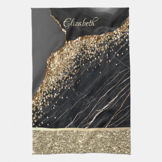 Stilvolle Gold Glitzer Sequins Black Marble Geschirrtuch (Vertikal)