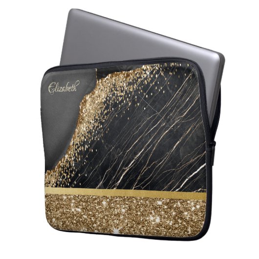 Stilvolle Gold Glitzer Sequins Black Marble Laptopschutzhülle (Vorderseite Links)