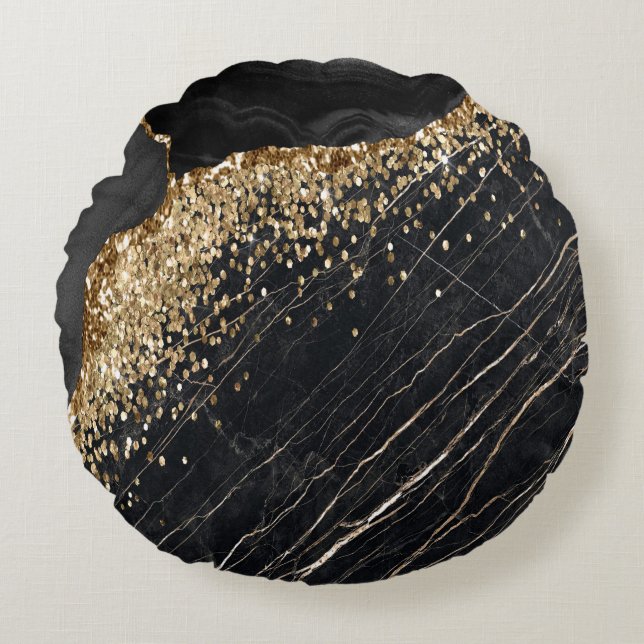 Stilvolle Gold Glitzer Sequins Black Marble Rundes Kissen (Vorderseite)