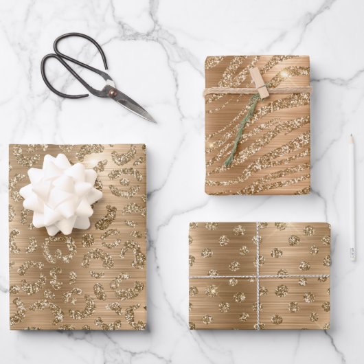 Stilvolle Gold Glitzer Wild Big Cat Animal Pattern Geschenkpapier Set (Vorderseite)