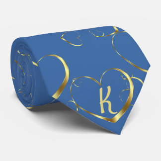 Stilvolle Gold Heart Monogram Valentine Liebe Blau Krawatte