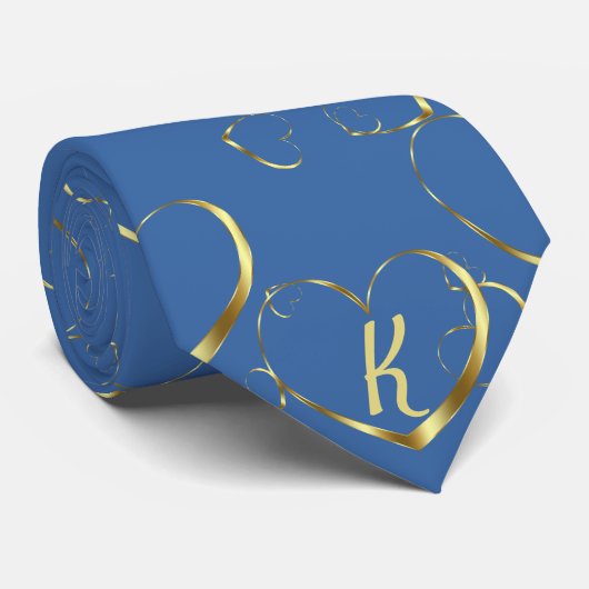 Stilvolle Gold Heart Monogram Valentine Liebe Blau Krawatte (Gerollt)